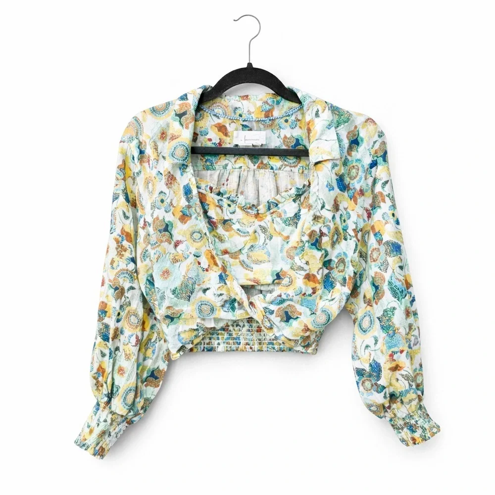 Anthropologie Twist Crop Top Smocked
Floral Printed Wrap Blouse 2pc cotton - Picture 3 of 7